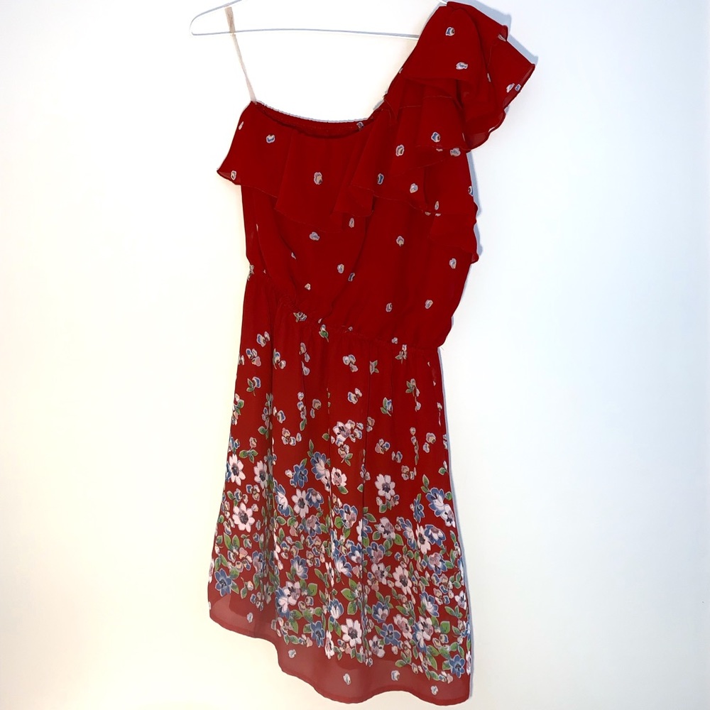 One Shoulder Red Floral Dress